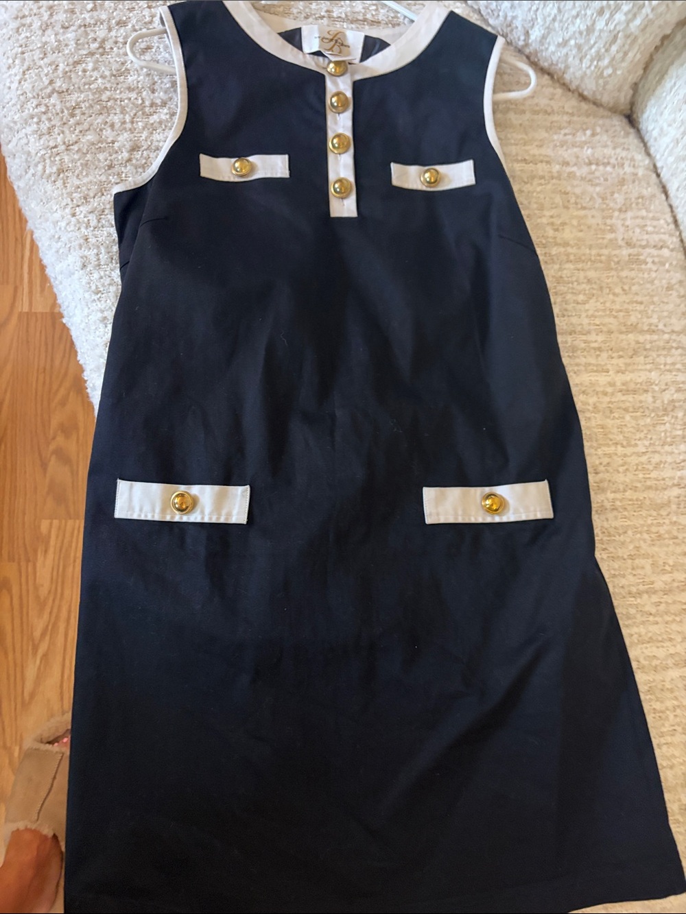 JB by Julie Brown Black Sleeveless Shift Dress with White Trim and Gold Buttons